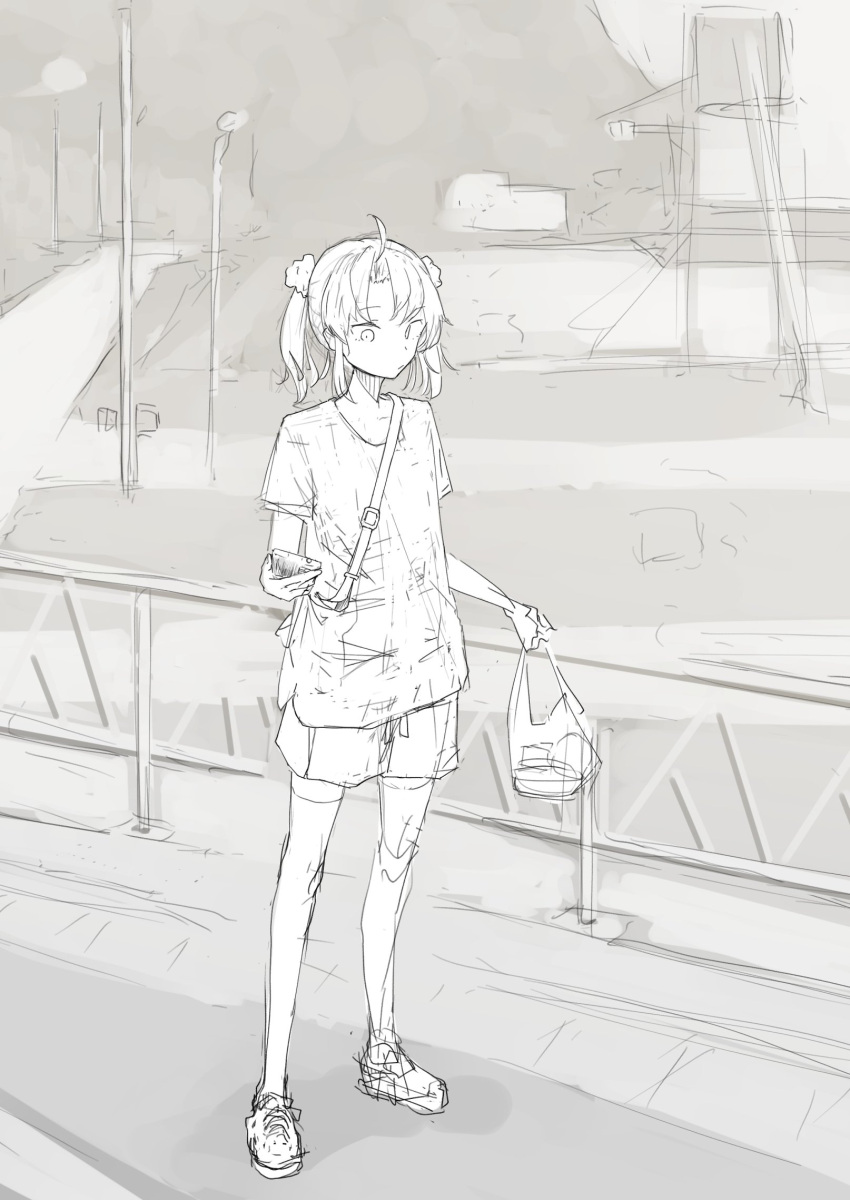 1girl ahoge bag cellphone greyscale hair_ornament hair_scrunchie highres holding holding_bag holding_phone kagerou_(kancolle) kantai_collection kappa_modoki long_hair monochrome phone scrunchie shopping_bag shorts smartphone thigh-highs twintails