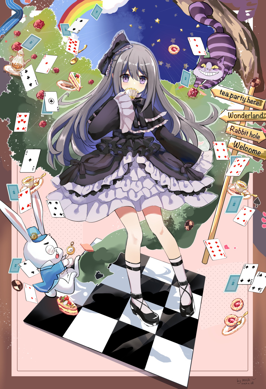 1girl absurdres alice_in_wonderland black_hair bow cake cake_slice card cat checkered_floor cheshire_cat_(alice_in_wonderland) cookie crossover cup dated dress duel_monster falling_card food frilled_bow frilled_dress frills full_body ghost_belle_&amp;_haunted_mansion hair_bow highres holding holding_cup jacket kkkula_(kula) long_hair long_sleeves monocle open_clothes open_jacket playing_card rabbit rainbow signature socks solo teacup violet_eyes white_rabbit_(alice_in_wonderland) yu-gi-oh!