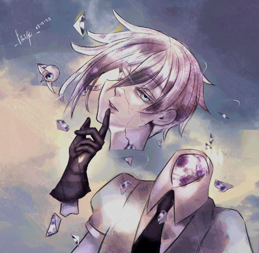 1other absurdres amputee antarcticite clouds cloudy_sky collared_shirt colored_eyelashes cracked_skin crystal_hair eyeball fragoletta gem_uniform_(houseki_no_kuni) gloves highres houseki_no_kuni looking_at_viewer one-eyed puffy_sleeves shards shirt short_hair sky white_hair white_shirt