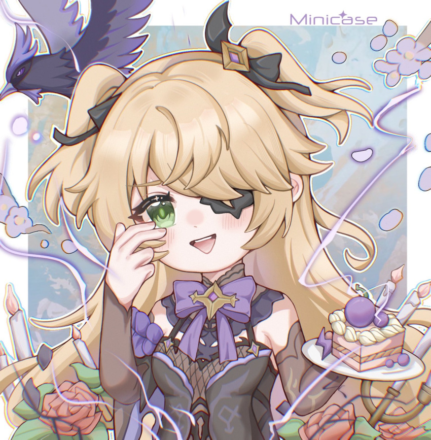 1girl bare_shoulders bird birthday_cake black_ribbon blonde_hair blush bow bowtie breasts cake candle collar crow eyepatch fischl_(genshin_impact) flower food genshin_impact gloves green_eyes hair_over_one_eye hair_ribbon happy_birthday highres leotard long_hair looking_at_viewer medium_breasts minicase_cn_en open_mouth oz_(genshin_impact) purple_bow purple_bowtie ribbon rose single_sleeve smile solo thigh-highs two_side_up