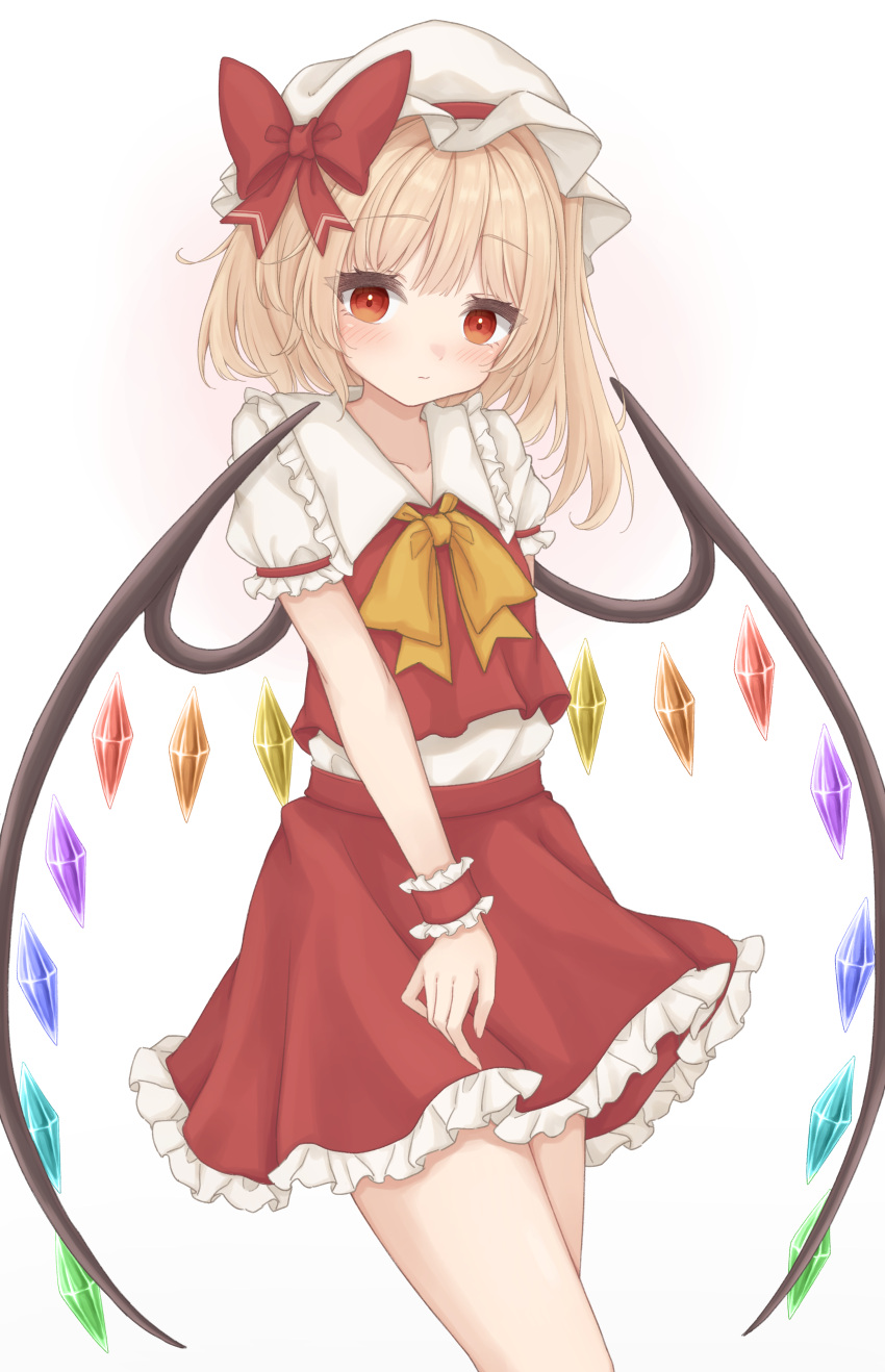 1girl absurdres blonde_hair bow bowtie closed_mouth commentary_request crystal flandre_scarlet frilled_skirt frills gaden19 hair_bow hat highres looking_at_viewer medium_hair miniskirt mob_cap one_side_up red_bow red_eyes red_skirt red_vest shirt short_sleeves simple_background skirt solo touhou vest white_background white_headwear white_shirt wings wrist_cuffs yellow_bow yellow_bowtie