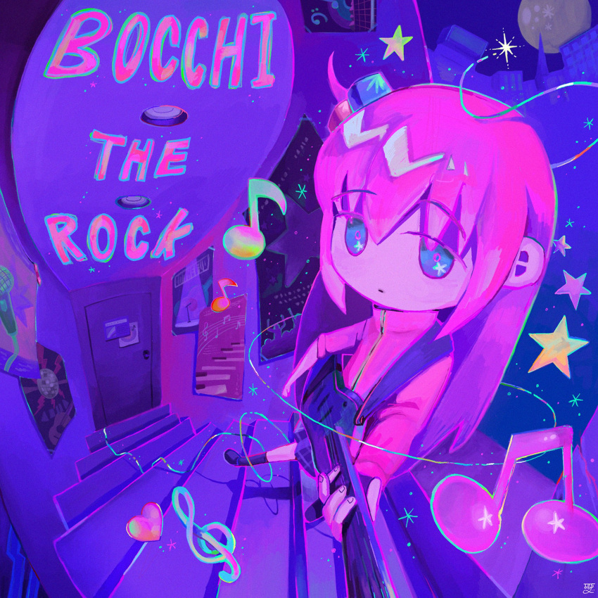 1girl black_socks blue_eyes bocchi_the_rock! chibi closed_mouth copyright_name cube_hair_ornament door eighth_note electric_guitar fisheye gibson_les_paul gotou_hitori guitar hair_between_eyes hair_ornament highres holding holding_instrument instrument jacket long_hair long_sleeves looking_at_viewer musical_note one_side_up pink_hair pink_jacket poster_(object) ramdaram socks solo stairs standing star_(symbol) track_jacket treble_clef