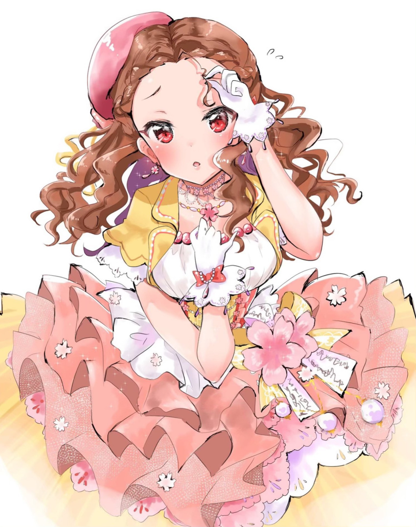 1girl arm_up blush breasts brown_hair collarbone curly_hair dot_nose dress earrings flower flower_earrings flower_necklace flying_sweatdrops forehead gloves hand_up hat highres holding holding_hair idolmaster idolmaster_cinderella_girls idolmaster_cinderella_girls_starlight_stage jewelry layered_dress long_hair looking_at_viewer medium_breasts multicolored_clothes multicolored_dress open_mouth pink_flower pink_headwear red_eyes red_ribbon ribbon seki_hiromi short_sleeves simple_background solo wavy_hair white_background white_gloves yellow_ribbon yuanagae