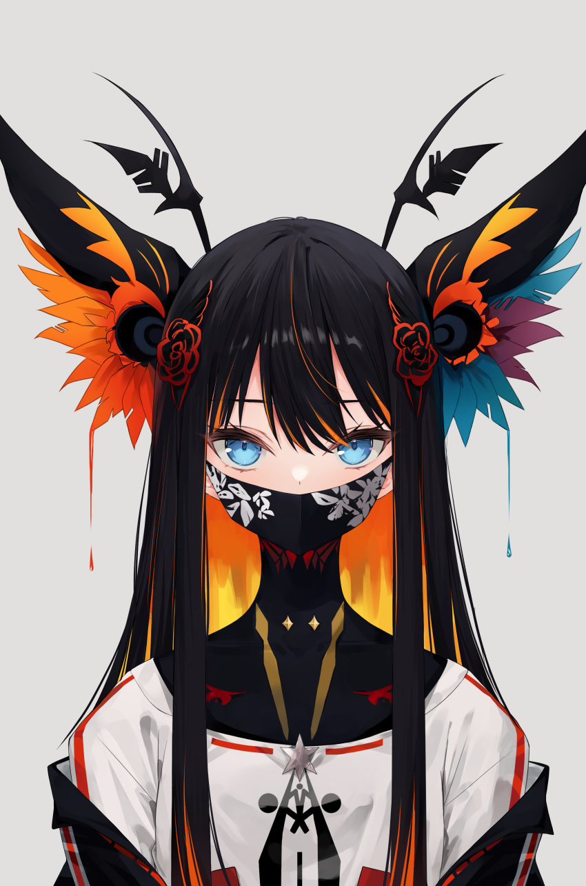 1girl absurdres black_hair blonde_hair blue_eyes commentary_request covered_collarbone grey_background hair_between_eyes highres lisu long_neck looking_at_viewer mask mouth_mask multicolored_hair orange_hair original shirt simple_background solo streaked_hair two-tone_hair upper_body white_shirt
