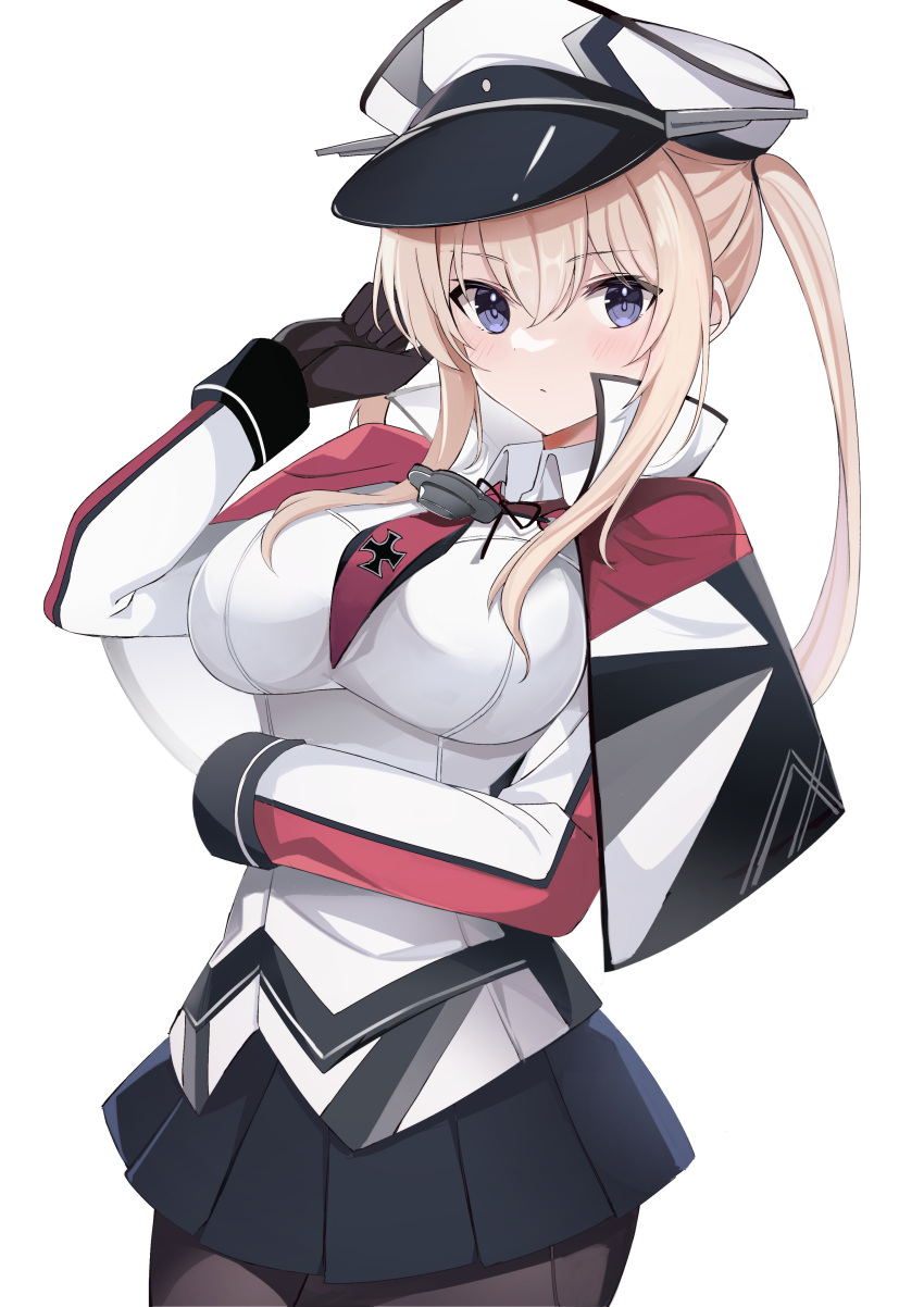 1girl absurdres black_gloves black_pantyhose black_skirt blonde_hair blush breasts capelet closed_mouth cowboy_shot cross fathom gloves graf_zeppelin_(kancolle) hair_between_eyes hat highres iron_cross kantai_collection large_breasts long_hair long_sleeves necktie pantyhose peaked_cap pleated_skirt red_necktie sidelocks simple_background skirt solo twintails violet_eyes white_background white_headwear