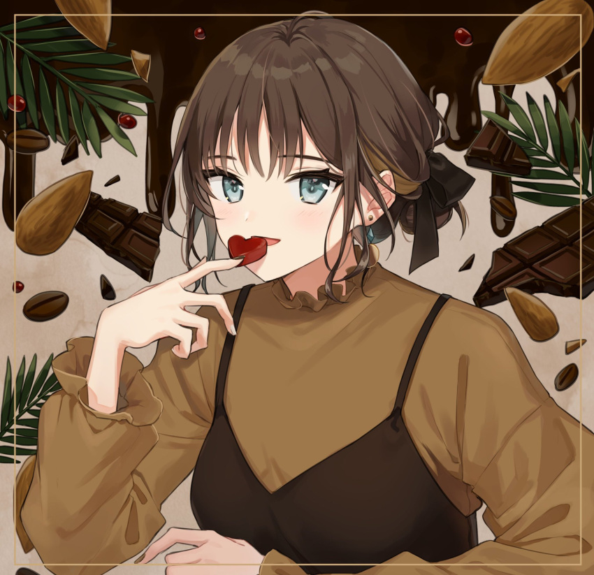 1girl almond berry black_ribbon blue_eyes breasts brown_hair candy chocolate commentary_request dress earrings food hair_bun hair_ribbon heart heart-shaped_chocolate highres jewelry long_sleeves looking_at_viewer murata_konomin nut_(food) original parted_lips plant ribbon simple_background solo upper_body valentine