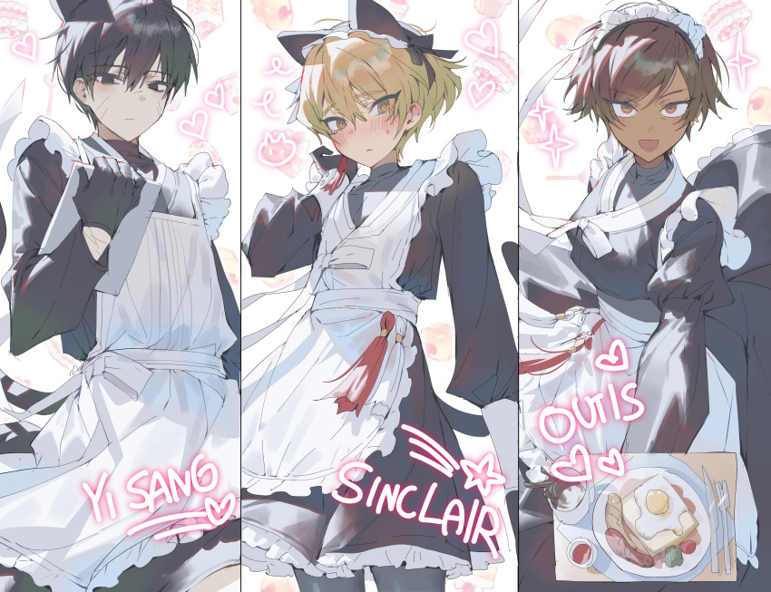 1girl 2boys :d @_@ absurdres alternate_costume animal_ears apron black_dress black_eyes black_gloves black_hair blonde_hair blush brown_hair cake candy cat_ears cat_tail character_name chocolate_cornet closed_mouth coffee crossdressing cup dark-skinned_female dark_skin devy_lobotomy doughnut dress earrings enmaided eyes_visible_through_hair fake_animal_ears fake_tail food fork fried_egg frilled_apron frilled_dress frills gloves hair_between_eyes hand_on_own_cheek hand_on_own_face hand_up heart highres holding holding_tray jewelry juliet_sleeves knife korean_clothes korean_commentary limbus_company lollipop long_sleeves looking_at_viewer maid maid_apron maid_headdress male_maid mug multiple_boys open_mouth orange_eyes outis_(limbus_company) plate project_moon puffy_sleeves sausage short_hair signature sinclair_(limbus_company) single_earring smile sparkle star_(symbol) sweat tail tassel tassel_earrings toast tray waist_apron white_apron white_background yellow_eyes yi-sang_(limbus_company)