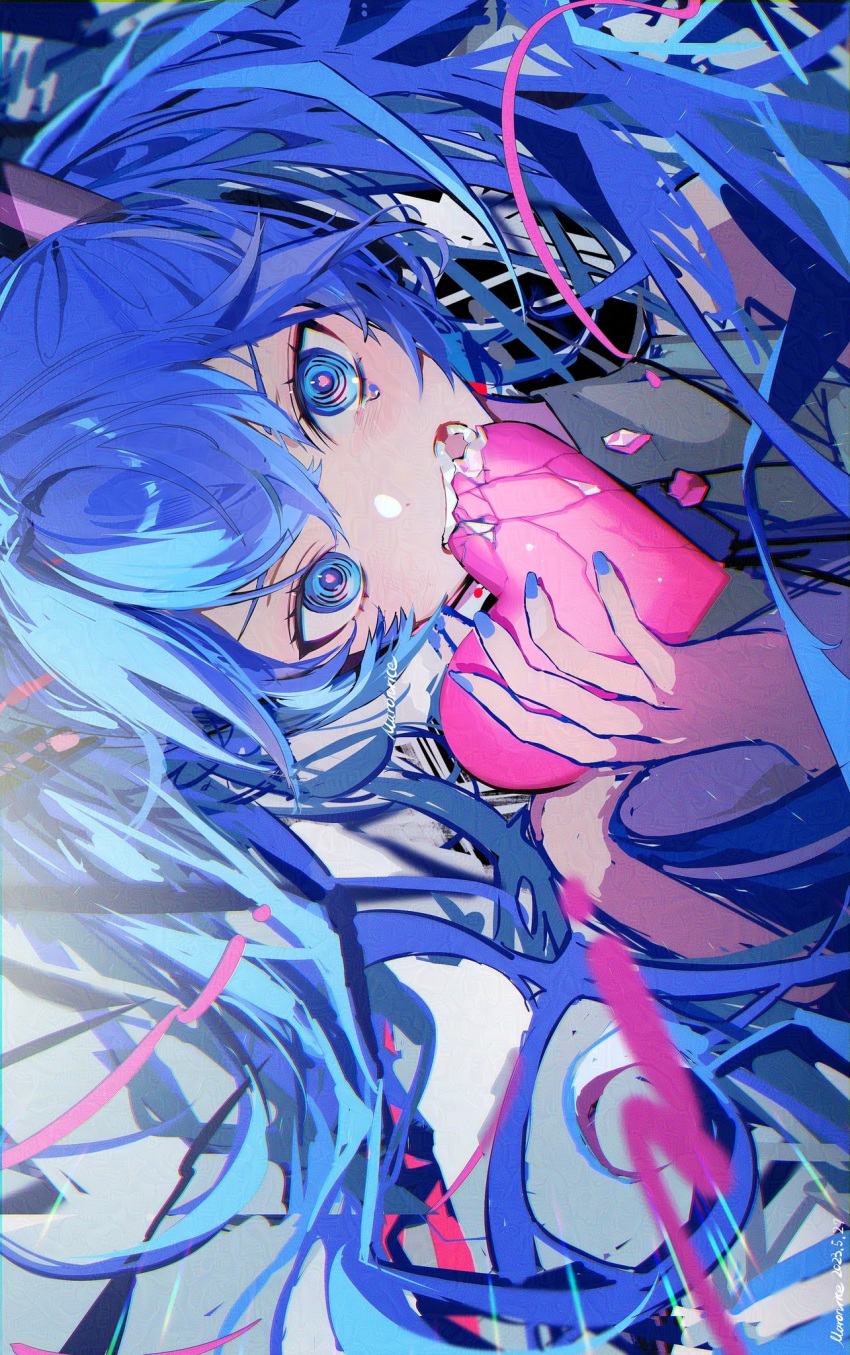 1girl artist_name bare_shoulders blue_eyes blue_hair blue_nails blue_necktie blush collared_shirt commentary dated detached_sleeves eating fingernails grey_background grey_shirt hair_between_eyes hair_ornament hand_up hatsune_miku heart heart-shaped_pupils highres holding long_hair long_sleeves looking_at_viewer maronrice nail_polish necktie open_mouth sharp_teeth shirt sideways simple_background solo symbol-shaped_pupils teeth tongue twintails upper_body vocaloid white_background wide_sleeves