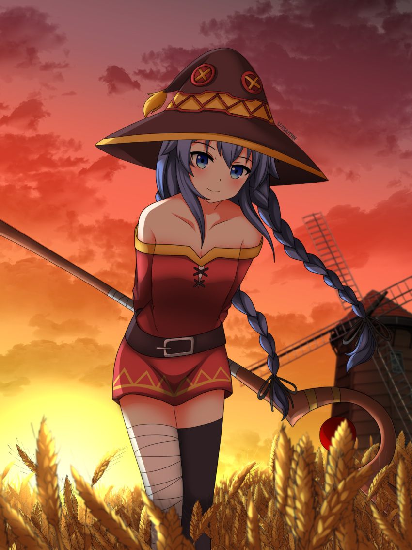 1girl artist_request bandaged_leg bandages belt blue_eyes blue_hair blush braid breasts brown_belt closed_mouth cosplay costume_switch dress hair_between_eyes hat highres holding holding_staff kono_subarashii_sekai_ni_shukufuku_wo! long_hair looking_at_viewer mage_staff megumin megumin_(cosplay) mushoku_tensei off-shoulder_dress off_shoulder red_dress roxy_migurdia short_dress single_thighhigh small_breasts solo staff thigh-highs twin_braids very_long_hair witch_hat