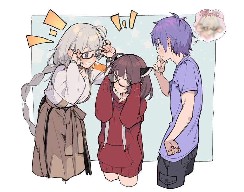 1boy 2girls a.i._voice ahoge alternate_costume bespectacled black_pants blade blue_background blush border braid breasts brown_hair brown_skirt closed_mouth commentary_request cropped_legs glasses green_hoodie grey_eyes grey_hair grin hand_on_own_hip hands_up headgear highres holding holding_eyewear hood hood_down hoodie imagining kizuna_akari kizuna_akari_(a.i._voice) large_breasts long_hair long_skirt long_sleeves looking_at_another looking_at_viewer multiple_girls multiple_views no_pants nose_blush notice_lines open_mouth outside_border pants purple_hair purple_shirt semi-rimless_eyewear shirinda_fureiru shirt short_hair short_sleeves skirt sleeves_past_fingers sleeves_past_wrists smile star_(symbol) suspender_skirt suspenders t-shirt thought_bubble touhoku_kiritan translation_request underbust very_long_hair voiceroid white_border white_shirt yuzuki_yukari's_younger_twin_brother