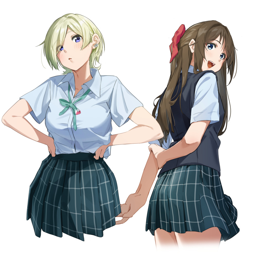 0364p 2girls absurdres arms_behind_back blonde_hair blue_eyes breasts brown_hair cropped_legs earclip hair_over_one_eye hair_ribbon hand_on_own_arm hands_on_own_hips highres light_blush long_hair looking_at_viewer looking_back looking_down loose_neck_ribbon love_live! love_live!_nijigasaki_high_school_idol_club medium_breasts mia_taylor multiple_girls nijigasaki_academy_school_uniform open_mouth ousaka_shizuku parted_bangs parted_lips ponytail ribbon school_uniform short_hair smile teeth upper_teeth_only white_background