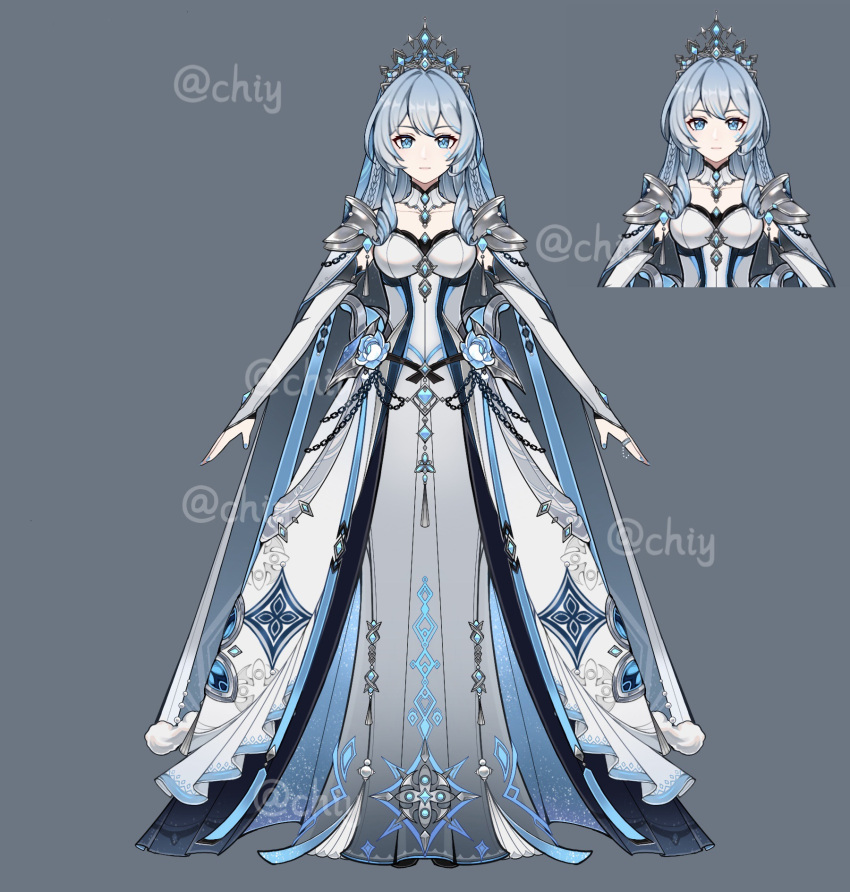 1girl armor blue_eyes blue_flower blue_hair braid chinese_commentary chishahaone commentary_request crown dress drill_hair drill_sidelocks facial_mark flower full_body genshin_impact highres long_dress long_hair official_style original shoulder_armor side_braids sidelocks solo