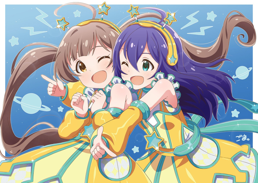 2girls ahoge aqua_eyes artist_name bare_shoulders blue_background blush breasts brown_eyes brown_hair detached_sleeves dot_nose dress face-to-face goma_konbu hair_between_eyes hair_ornament hairband hakozaki_serika hands_up highres idolmaster idolmaster_million_live! idolmaster_million_live!_theater_days index_finger_raised long_hair looking_at_viewer mochizuki_anna multiple_girls one_eye_closed open_mouth planet purple_hair signature sleeveless sleeveless_dress small_breasts smile star_(symbol) star_hair_ornament twintails very_long_hair yellow_dress yellow_hairband yellow_sleeves