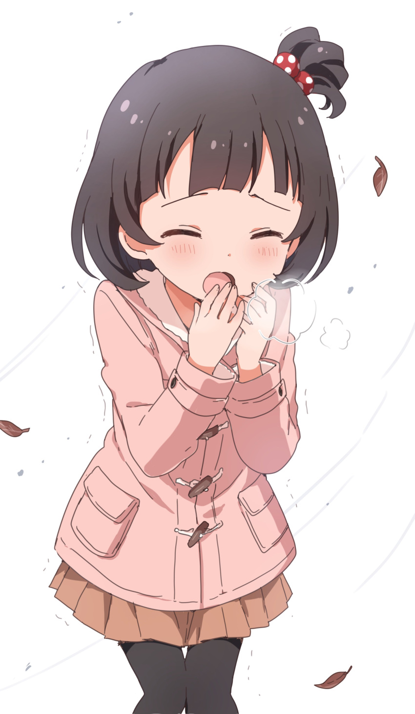 1girl absurdres black_hair black_thighhighs blush breath brown_skirt buchi_(y0u0ri_) coat cold commentary_request cowboy_shot dot_nose falling_leaves hair_bobbles hair_ornament hands_up highres idolmaster idolmaster_million_live! idolmaster_million_live!_theater_days leaf long_sleeves nakatani_iku one_side_up open_mouth pigeon-toed pink_coat short_hair simple_background skirt solo thigh-highs trembling white_background winter