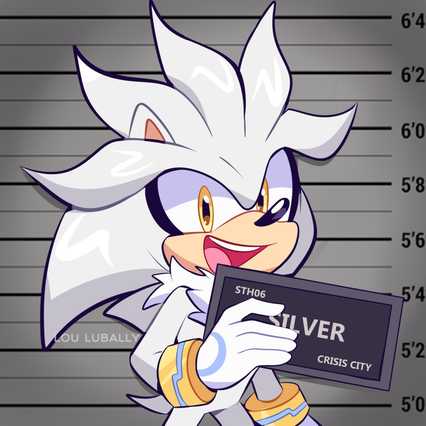 1boy animal_ears animal_nose artist_name barbie_mugshot_(meme) body_fur bracelet character_name english_commentary furry furry_male gloves gold_bracelet grey_fur hand_up hedgehog hedgehog_ears hedgehog_tail highres holding jewelry looking_at_viewer lou_lubally male_focus meme open_mouth parody shadow silver_the_hedgehog smile solo sonic_(series) standing tail teeth tongue watermark white_gloves yellow_eyes