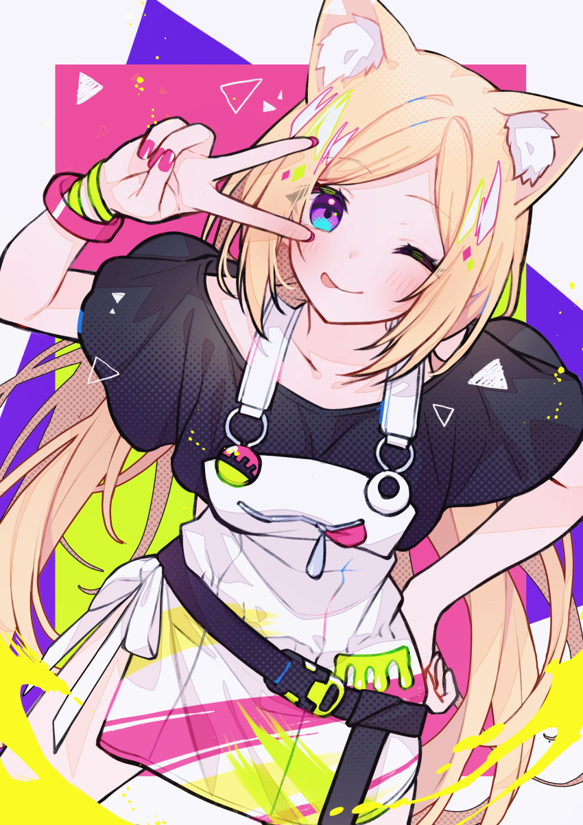 1girl absurdres aki_rosenthal aki_rosenthal_(6th_costume) animal_ears blonde_hair cat_ears hand_on_own_hip highres hololive kitazume_kumie long_hair one_eye_closed paint_on_clothes pink_nails smile tongue tongue_out v_over_eye violet_eyes virtual_youtuber wristband