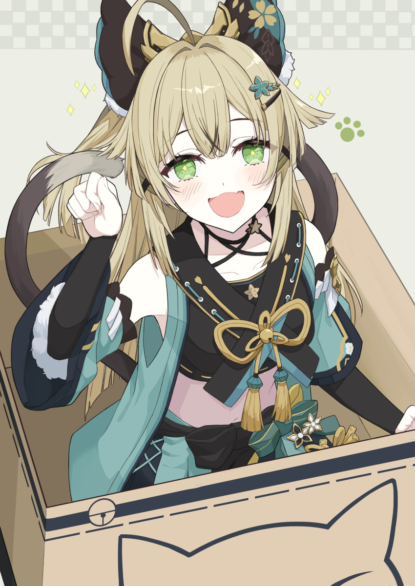 1girl :d absurdres ahoge animal_ears black_tank_top blonde_hair blush box cardboard_box carton cat_ears cat_tail checkered_background collarbone detached_sleeves dot_nose double-parted_bangs fang genshin_impact green_eyes hair_ornament hairclip highres in_box in_container kake_udon kirara_(genshin_impact) long_hair looking_at_viewer multiple_tails nekomata open_mouth paw_pose paw_print sidelocks skin_fang smile solo sparkle sparkling_eyes tail tank_top two_tails