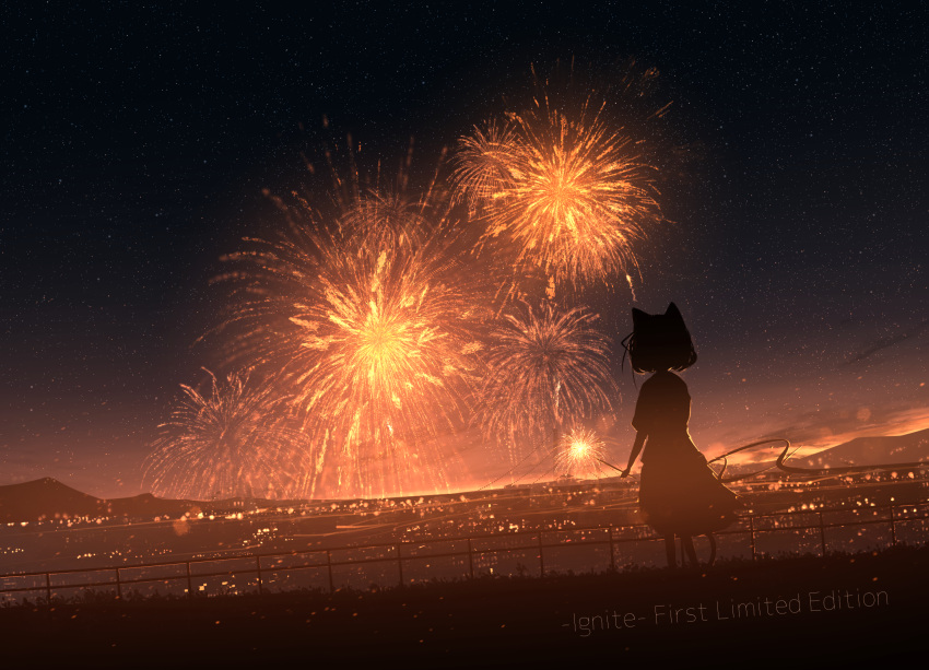 1girl aerial_fireworks animal_ears cat_ears cat_girl cat_tail city city_lights fireworks highres holding_fireworks night night_sky original rune_xiao scenery short_hair sky solo sparkler standing tail