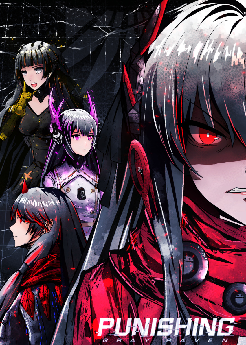 4girls absurdres alpha_(punishing:_gray_raven) angry black_dress black_hair c4tbug clenched_teeth dress grey_eyes grey_hair grey_theme hair_ornament headgear headphones highres horns jacket liv:_eclipse_(punishing:_gray_raven) liv_(punishing:_gray_raven) long_hair lucia:_crimson_abyss_(punishing:_gray_raven) lucia:_lotus_(punishing:_gray_raven) lucia_(punishing:_gray_raven) mechanical_arms multicolored_hair multiple_girls nanami:_storm_(punishing:_gray_raven) nanami_(punishing:_gray_raven) open_mouth parted_lips pink_eyes pink_jacket punishing:_gray_raven red_eyes red_horns red_scarf redhead scarf shaded_face sidelocks streaked_hair teeth upper_teeth_only