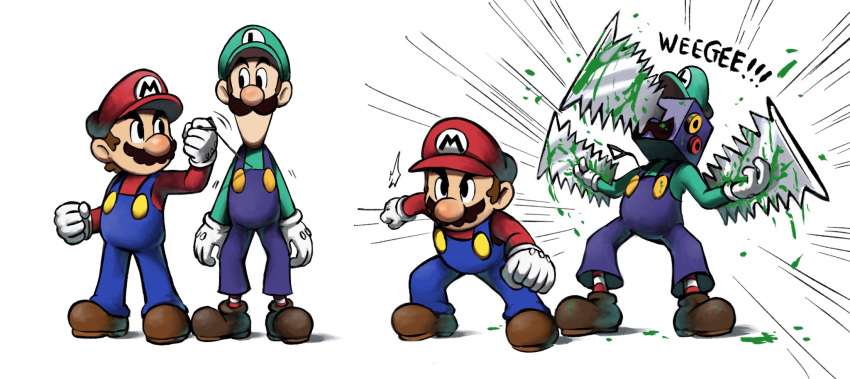 2boys blue_overalls boots brothers brown_footwear brown_hair chainsaw_man clenched_hand clenched_hands facial_hair gloves green_headwear green_shirt hat highres luigi mari_luijiroh mario multiple_boys multiple_views mustache overalls red_headwear red_shirt shirt siblings simple_background super_mario_bros. white_background white_gloves