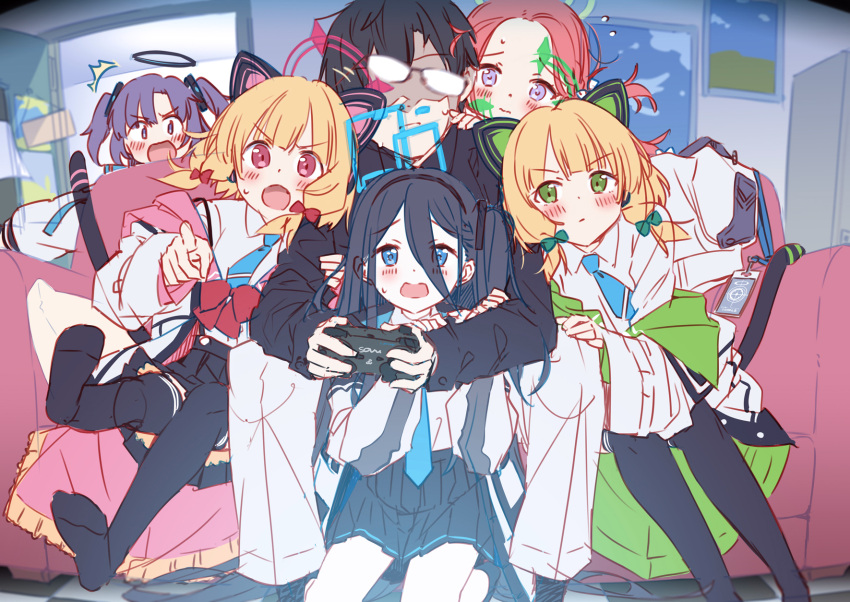 1boy 5girls animal_ear_headphones animal_ears aris_(blue_archive) black_hair blonde_hair blue_archive cat_ear_headphones controller couch fake_animal_ears game_controller game_development_department_(blue_archive) glasses green_eyes halo headphones highres holding holding_controller holding_game_controller jacket midori_(blue_archive) momoi_(blue_archive) mousou_(mousou_temporary) multiple_girls necktie off_shoulder open_clothes open_jacket pink_eyes playing_games purple_hair redhead school_uniform sensei_(blue_archive) siblings sisters sitting twins violet_eyes yuuka_(blue_archive) yuzu_(blue_archive)