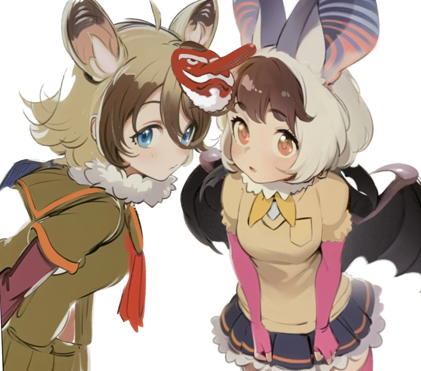 2girls animal_ears bat_ears bat_girl bat_wings black_skirt blue_eyes blush bow bowtie brown_hair brown_long-eared_bat_(kemono_friends) elbow_gloves extra_ears fingerless_gloves frilled_sleeves frills fur_collar gloves green_shirt green_skirt highres hilgendorf's_tube-nose_bat_(kemono_friends) ieinu_account kemono_friends light_brown_hair looking_at_viewer mask mask_on_head multicolored_hair multiple_girls neckerchief orange_eyes pink_gloves pleated_skirt puffy_short_sleeves puffy_sleeves red_neckerchief sailor_collar school_uniform serafuku shirt short_hair short_sleeves skirt sweater tengu_mask two-tone_hair white_fur white_hair wings yellow_bow yellow_bowtie yellow_sweater