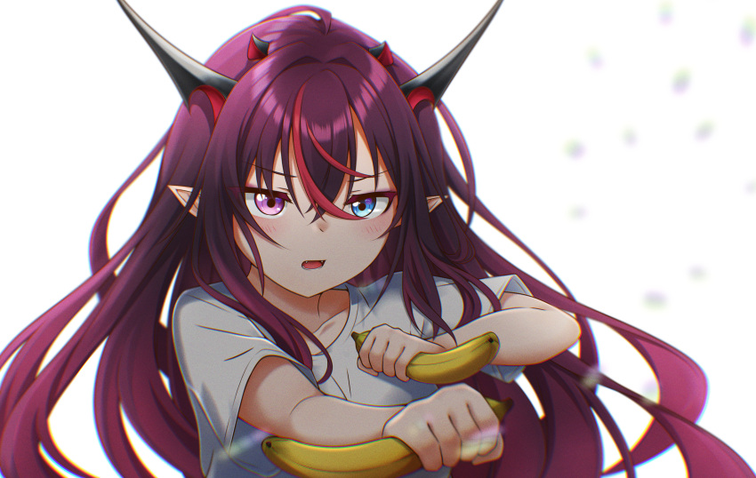 1girl absurdres alternate_costume banana blue_eyes commentary dual_wielding english_commentary fangs food fruit heterochromia highres holding holding_food holding_fruit hololive hololive_english horns irys_(hololive) irys_(old_design)_(hololive) jan_azure long_hair multiple_horns open_mouth oversized_clothes oversized_shirt pink_eyes pointy_ears purple_hair redhead shirt short_sleeves solo t-shirt upper_body v-shaped_eyebrows very_long_hair virtual_youtuber white_shirt