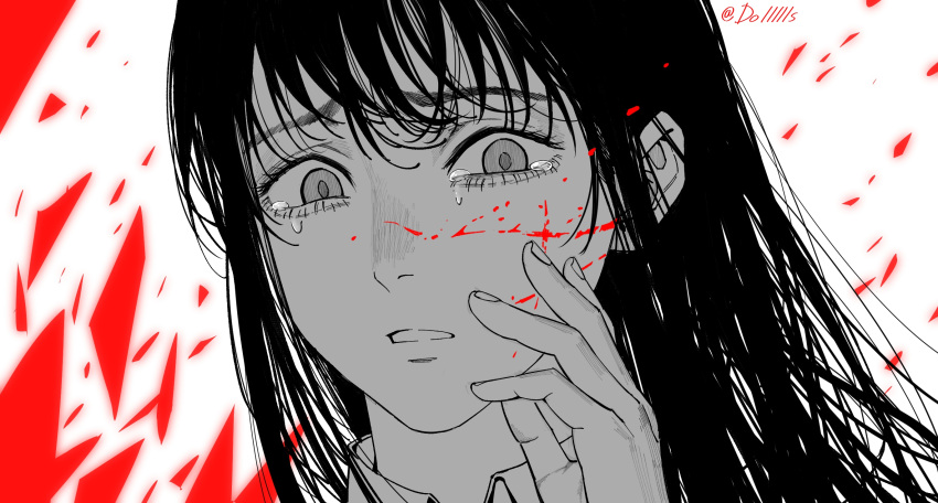 1girl chainsaw_man chinese_commentary close-up commentary_request crying dollllls2 eyelashes greyscale highres mitaka_asa monochrome portrait signature solo spot_color tears
