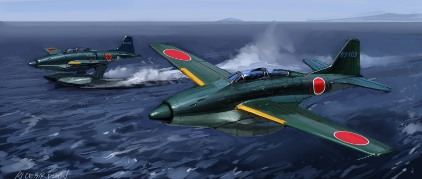 absurdres aircraft airplane dieselpunk fighter_jet highres hozumi_sousei imperial_japanese_navy jet military military_vehicle no_humans ocean original seaplane vehicle_focus