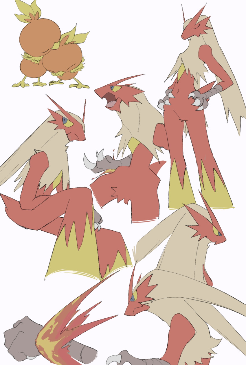 1other ^_^ animal_hands beak bird_tail blaziken blonde_hair blue_eyes body_fur claws clenched_hand closed_eyes closed_mouth colored_sclera commentary cowboy_shot cropped_legs fire flat_color from_side full_body furry hands_on_own_hips highres knee_up legs long_hair multiple_views navel neck_fur open_mouth other_focus pokemon pokemon_(creature) profile red_fur simple_background sitting standing stomach tail takashi_(pixiv_80298118) tongue torchic two-tone_fur u_u white_background yellow_fur yellow_sclera