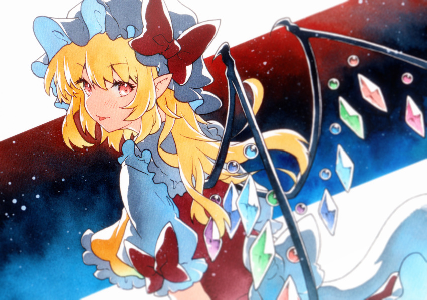 1girl :p blonde_hair blurry bow crystal depth_of_field flandre_scarlet hat hat_bow highres light_blush long_hair looking_at_viewer looking_back medium_hair one_side_up pink_eyes pointy_ears qqqrinkappp red_bow solo tongue tongue_out touhou traditional_media wings