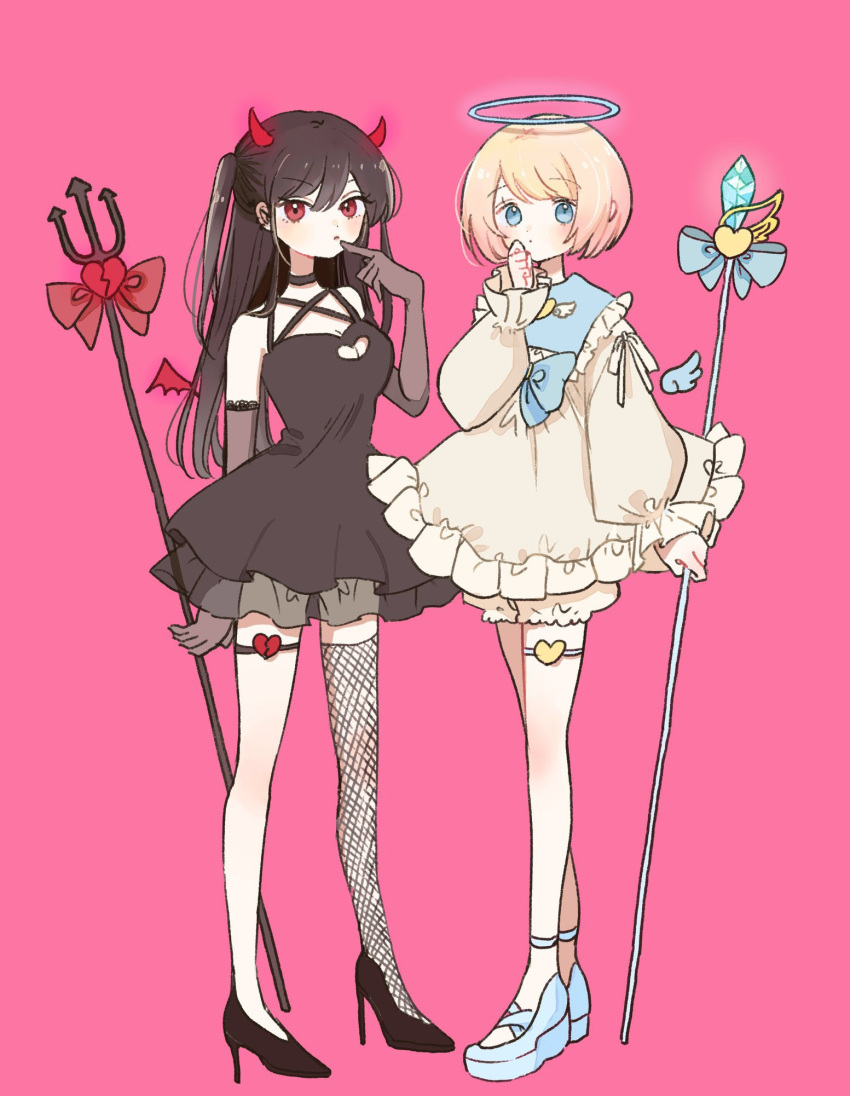 2girls black_choker black_dress black_footwear black_hair blonde_hair bloomers blue_bow blue_eyes blue_footwear bow choker clothing_cutout commentary demon_horns dress fishnet_thighhighs fishnets frills full_body gloves grey_gloves halo heart_cutout highres horns iida_hato long_hair multiple_girls original pink_background red_eyes red_horns short_hair single_thighhigh staff swept_bangs symbol-only_commentary thigh-highs two_side_up underwear white_bloomers white_dress