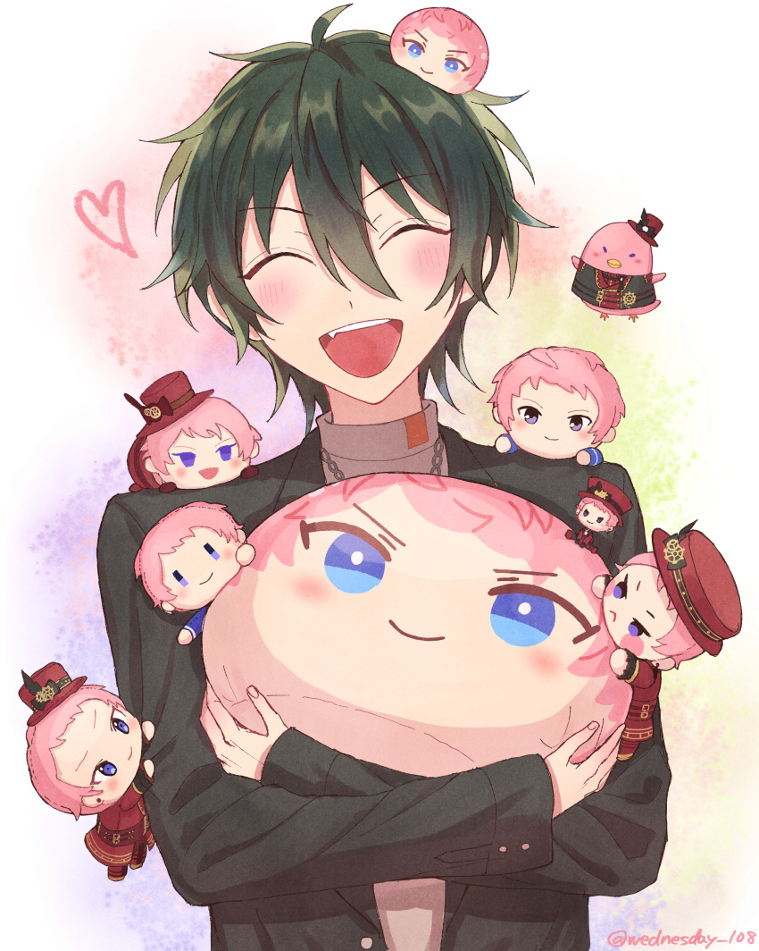 1boy absurdres blush buttons character_doll closed_eyes closed_mouth commentary_request earrings ensemble_stars! facing_viewer fang gears green_hair hair_between_eyes hat heart highres holding holding_stuffed_toy itsuki_shu jewelry kagehira_mika long_sleeves male_focus necklace omanjuu_mascot open_mouth pink_hair short_hair single_earring solo stuffed_toy teeth twitter_username upper_body upper_teeth_only valkyrie_(ensemble_stars!) violet_eyes wednesday_108