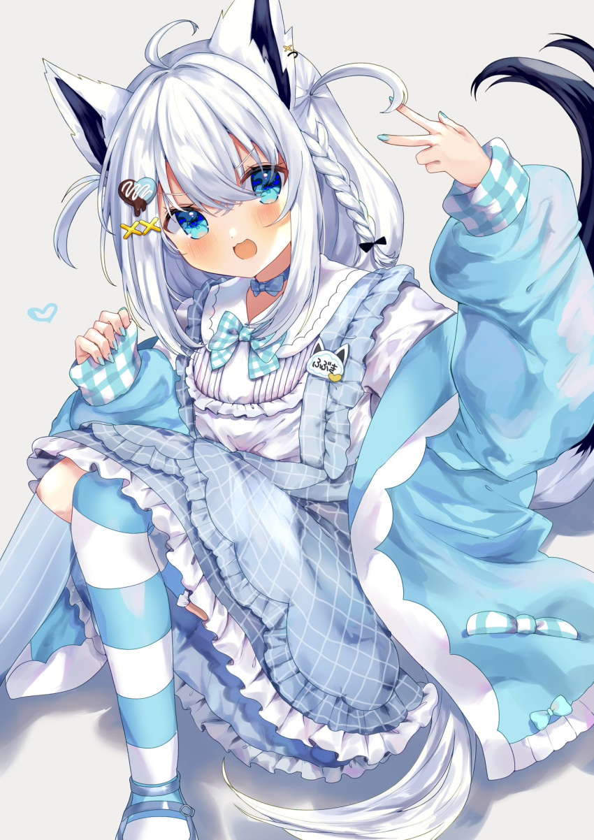 1girl aged_down ahoge animal_ear_fluff animal_ears asymmetrical_legwear blue_dress blue_eyes blue_heart blue_jacket blue_nails blush braid commentary_request dress earrings fox_ears fox_girl fox_tail hair_between_eyes hair_ornament hairclip highres hololive jacket jewelry knees_up long_hair looking_at_viewer menghuany52 name_tag open_clothes open_jacket open_mouth pinafore_dress shirakami_fubuki shirt sidelocks simple_background single_braid sitting sleeveless sleeveless_dress solo striped striped_thighhighs tail thigh-highs two_side_up virtual_youtuber white_background white_hair white_shirt