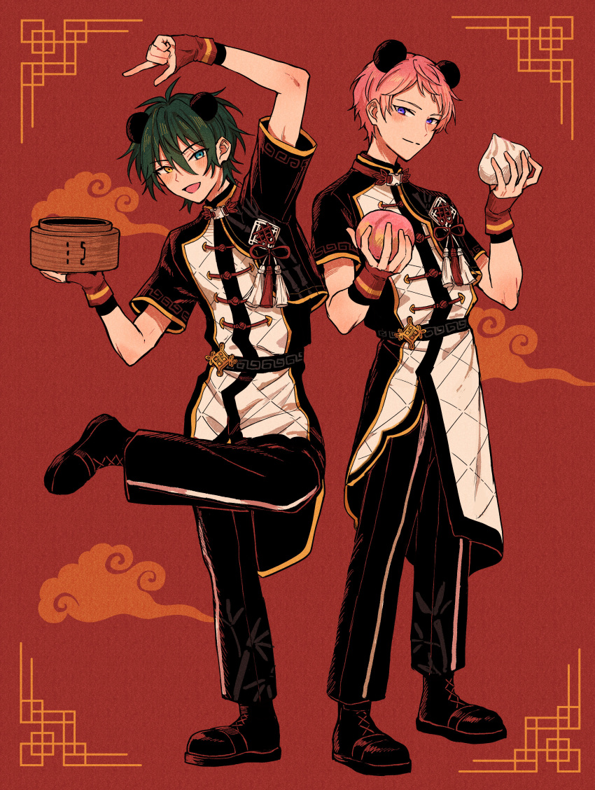 2boys absurdres aqua_eyes chinese_clothes closed_mouth commentary_request ensemble_stars! fingerless_gloves food full_body gloves green_hair hair_between_eyes heterochromia highres holding holding_food index_finger_raised itsuki_shu kagehira_mika looking_at_viewer male_focus multiple_boys open_mouth pink_hair pointing short_hair short_sleeves standing standing_on_one_leg valkyrie_(ensemble_stars!) violet_eyes wednesday_108 yellow_eyes