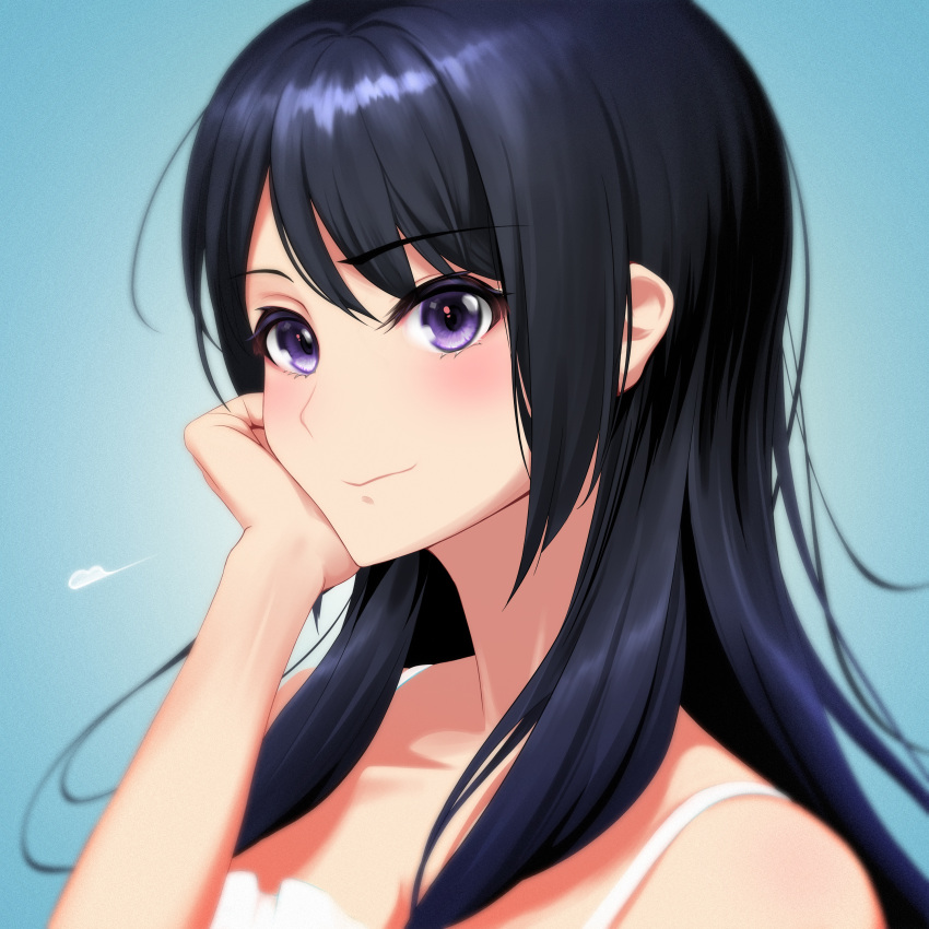 1girl absurdres black_hair blush close-up closed_mouth collarbone commentary_request hand_on_own_cheek hand_on_own_face hibike!_euphonium highres kousaka_reina long_hair natme24 portrait smile solo upper_body violet_eyes