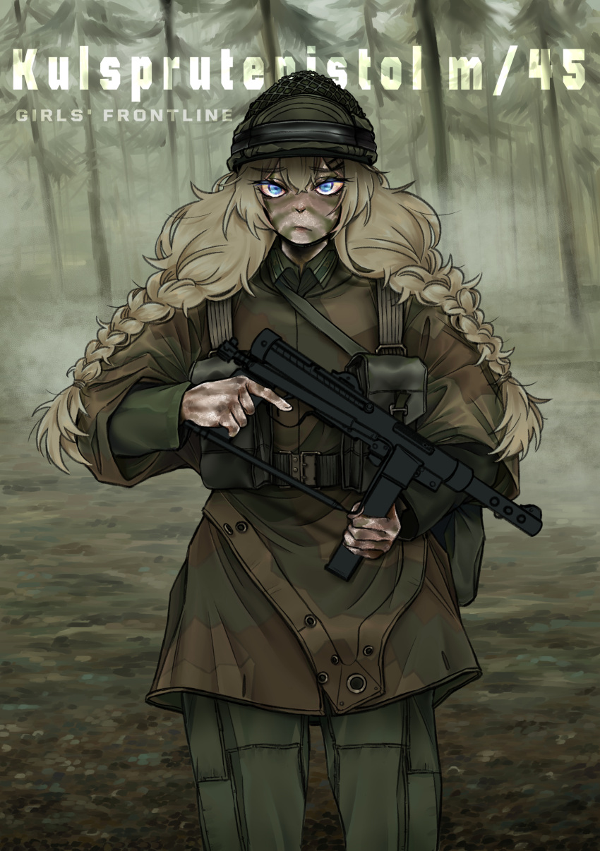 absurdres blonde_hair blue_eyes braid camouflage carl_gustaf_m/45 girls_frontline gun helmet highres holding holding_gun holding_weapon justcentipde m45_(girls'_frontline) military military_jacket military_uniform rigging submachine_gun tactical_clothes twin_braids uniform weapon