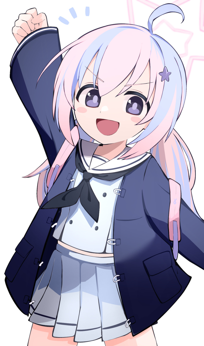1girl ahoge arm_up backpack bag black_neckerchief blue_archive blue_coat blue_hair blush_stickers clenched_hand coat deformed halo highres light_blue_hair midriff_peek multicolored_hair neckerchief notice_lines outstretched_arm pink_hair pleated_skirt reisa_(blue_archive) school_uniform serafuku simple_background skirt smile solo streaked_hair twintails white_background yun_(kbdenz9)
