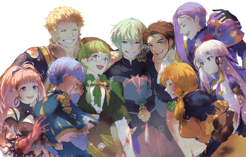 4girls 5boys arm_around_shoulder armor backlighting blood blood_on_face blue_hair braid broken_eyewear brown_eyes brown_hair byleth_(fire_emblem) capelet claude_von_riegan cleavage_cutout closed_eyes clothing_cutout crying detached_sleeves dirty dirty_clothes earrings fire_emblem fire_emblem:_three_houses glasses gloves green_eyes green_hair grin hair_ornament hand_on_another's_back hand_on_own_face happy highres hilda_valentine_goneril ignatz_victor injury jewelry leonie_pinelli light_particles long_hair lorenz_hellman_gloucester lysithea_von_ordelia marianne_von_edmund multiple_boys multiple_girls pauldrons pink_eyes pink_hair purple_hair raphael_kirsten shiroi_(shiroicbe) short_hair shoulder_armor side_braid smile torn_clothes white_background
