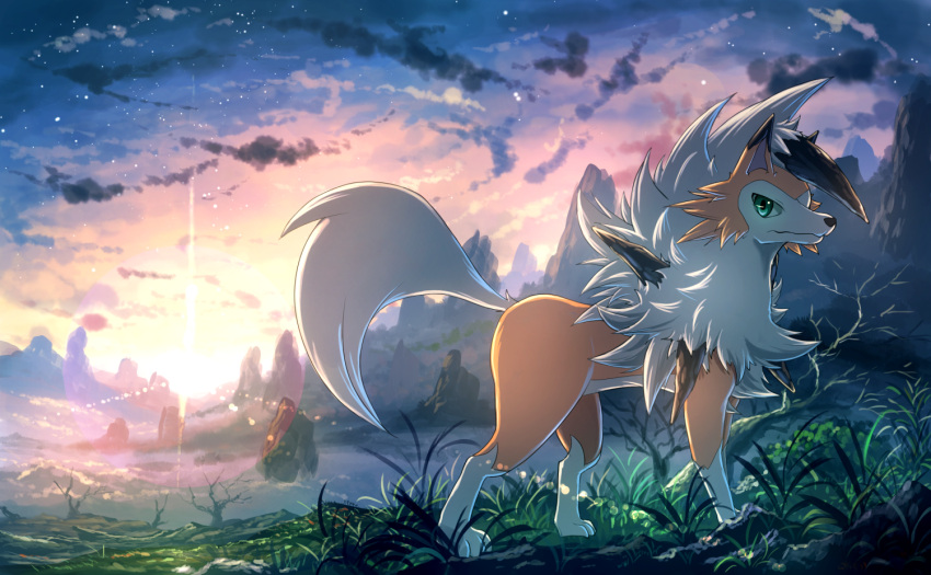 animal_focus bare_tree clouds creature dusk grass green_eyes karamimame lens_flare lycanroc lycanroc_(dusk) mountain no_humans pokemon pokemon_(creature) scenery sky solo star_(sky) starry_sky tree wolf