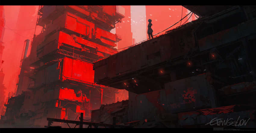 1girl abandoned artist_name ayanami_rei bird blue_hair building city cityscape copyright_name debris dress from_below grey_dress letterboxed looking_ahead neon_genesis_evangelion nido_(sebamaster) post-apocalypse power_lines red_theme ruins scenery short_hair silhouette solo standing tower watermark