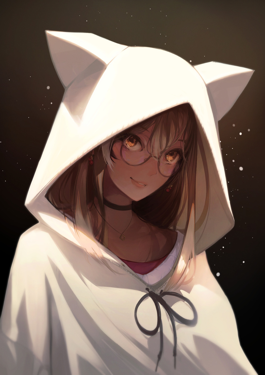 1girl absurdres animal_hood berry black_choker brown_eyes brown_hair choker crossed_bangs earrings ears_through_headwear food-themed_earrings gewwyart glasses highres hololive hololive_english hood hood_up hoodie jewelry light_particles lips long_hair looking_at_viewer multicolored_hair nanashi_mumei nanashi_mumei_(3rd_costume) necklace official_alternate_costume oversized_clothes red_shirt round_eyewear shirt smile streaked_hair sweater virtual_youtuber white_hoodie white_sweater