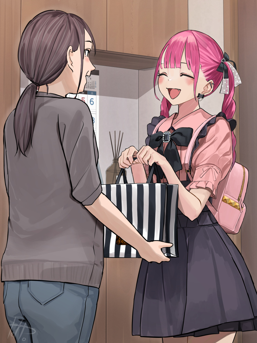 2girls :d ^_^ absurdres backpack bag black_bow black_bowtie black_gemstone black_skirt blue_panties blunt_bangs blush bow bowtie brown_hair brown_sweater calendar_(object) closed_eyes fang frilled_shirt frills gift hair_bow hallway hands_up highres hinamizawa_hinami holding holding_bag indoors jirai_kei mother's_day mother_and_daughter multiple_girls original panties pink_bag pink_hair pink_shirt ponytail shirt skirt smile standing sweater tetto_(onnoveltet) twintails underwear upper_body