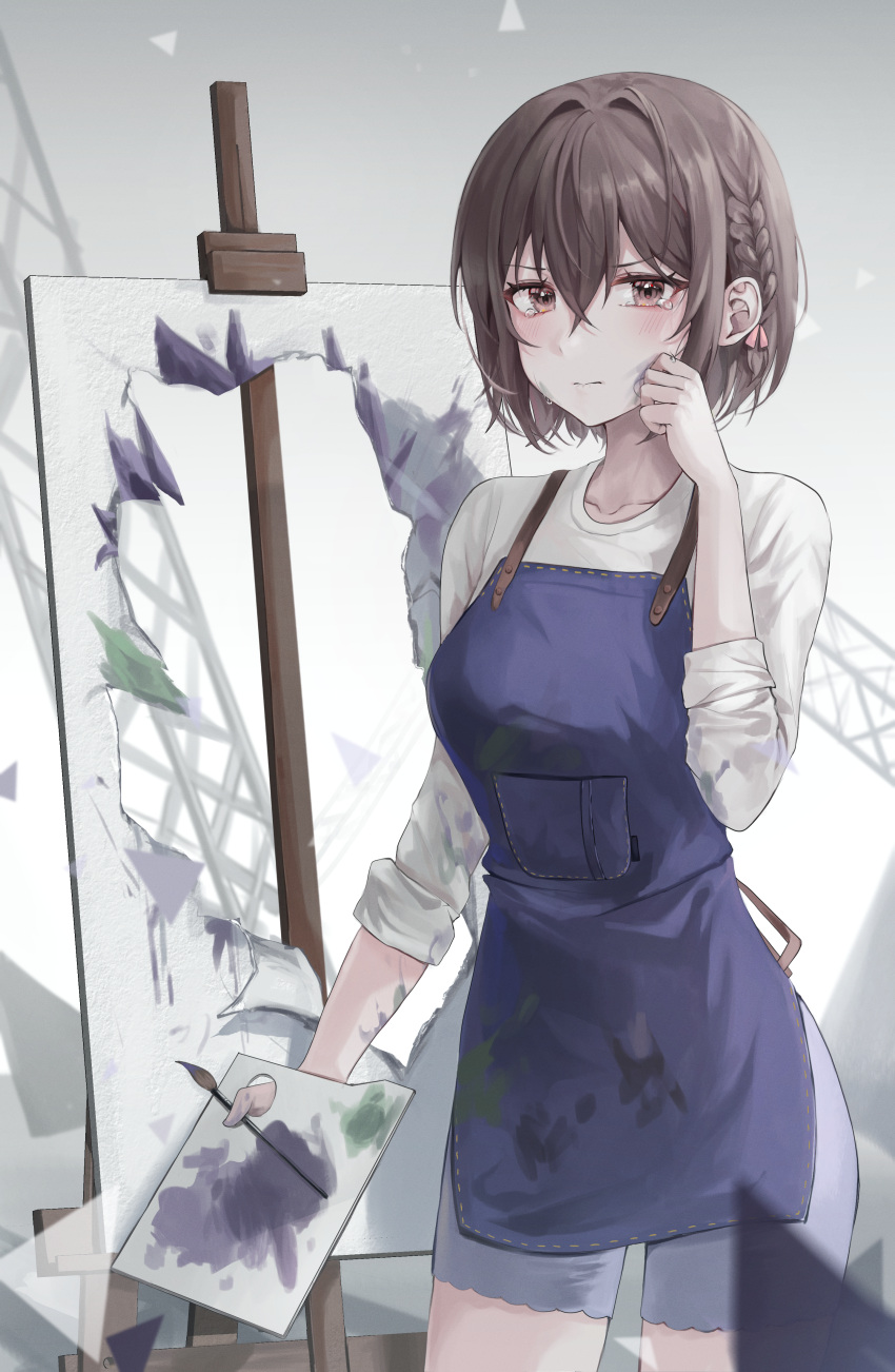1girl absurdres apron blue_apron blush bow braid brown_eyes brown_hair canvas_(object) collarbone commentary_request easel hair_between_eyes hair_bow hand_on_own_face highres holding holding_palette labi looking_at_viewer mitasarenai_pale_color_(project_sekai) palette_(object) project_sekai shinonome_ena shirt short_hair shorts single_braid sleeves_rolled_up tearing_up white_shirt