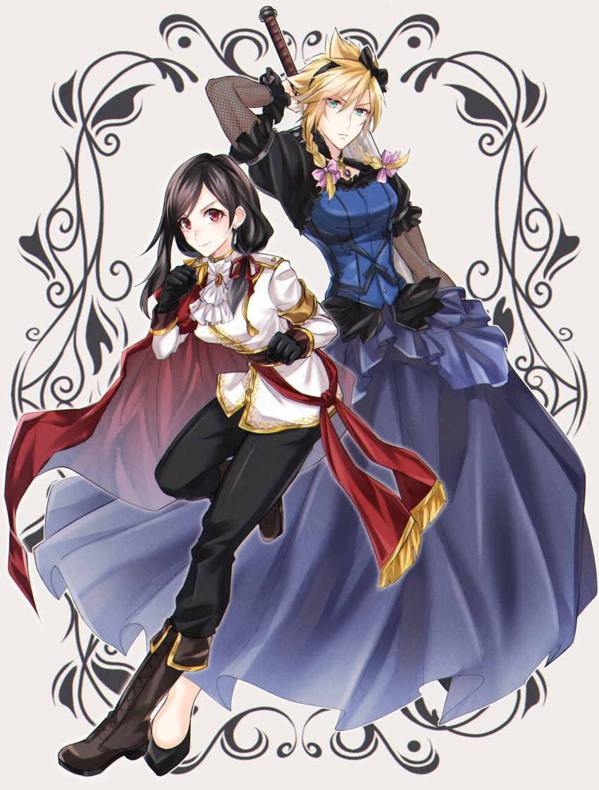 1boy 1girl alternate_costume alternate_hairstyle arm_up black_footwear black_gloves black_hairband black_pants blue_corset blue_dress blue_eyes boots bow braid breasts brown_footwear buster_sword cape clenched_hands closed_mouth cloud_strife commentary_request corset cross-laced_footwear crossdressing dress earrings fighting_stance final_fantasy final_fantasy_vii final_fantasy_vii_remake fishnet_armwear full_body gloves hair_bow hairband highres holding holding_sword holding_weapon jacket jewelry knee_boots lace-up_boots looking_at_viewer low_ponytail low_side_ponytail medium_breasts military military_uniform mizuamememe official_alternate_costume official_alternate_hairstyle pants pendant_choker pink_bow red_cape red_eyes serious side_ponytail single_earring smile spiky_hair standing standing_on_one_leg swept_bangs sword teardrop_earring tifa_lockhart twin_braids uniform weapon weapon_on_back white_jacket