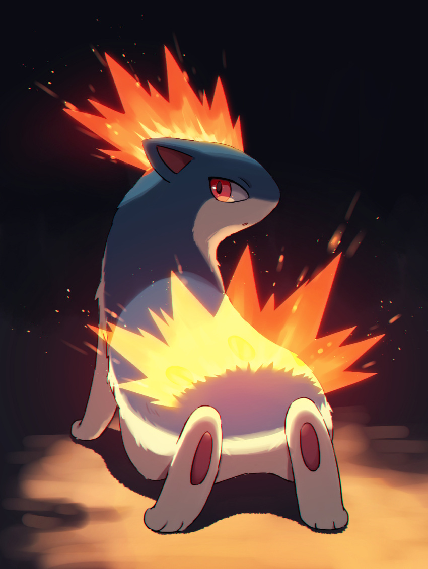 black_background fire full_body highres kaminokefusa looking_at_viewer looking_back no_humans pokemon pokemon_(creature) pokemon_(game) pokemon_gsc quilava red_eyes
