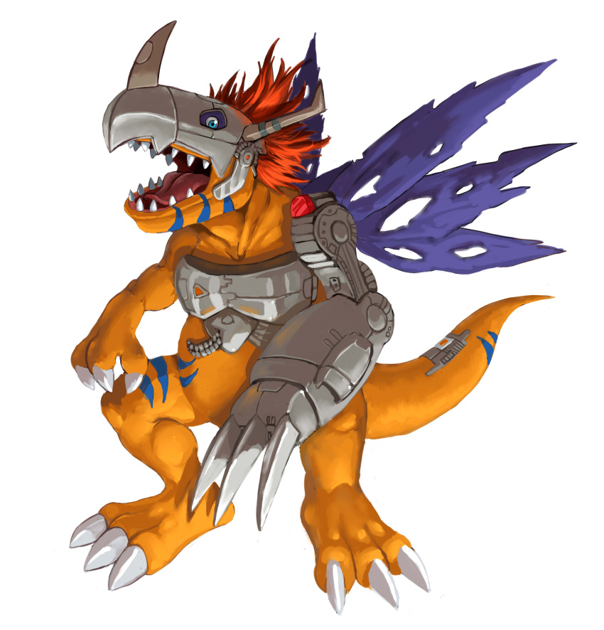 absurdres claws digimon digimon_(creature) highres looking_at_viewer metalgreymon no_humans open_mouth sharp_teeth simple_background soihtuss solo standing teeth white_background