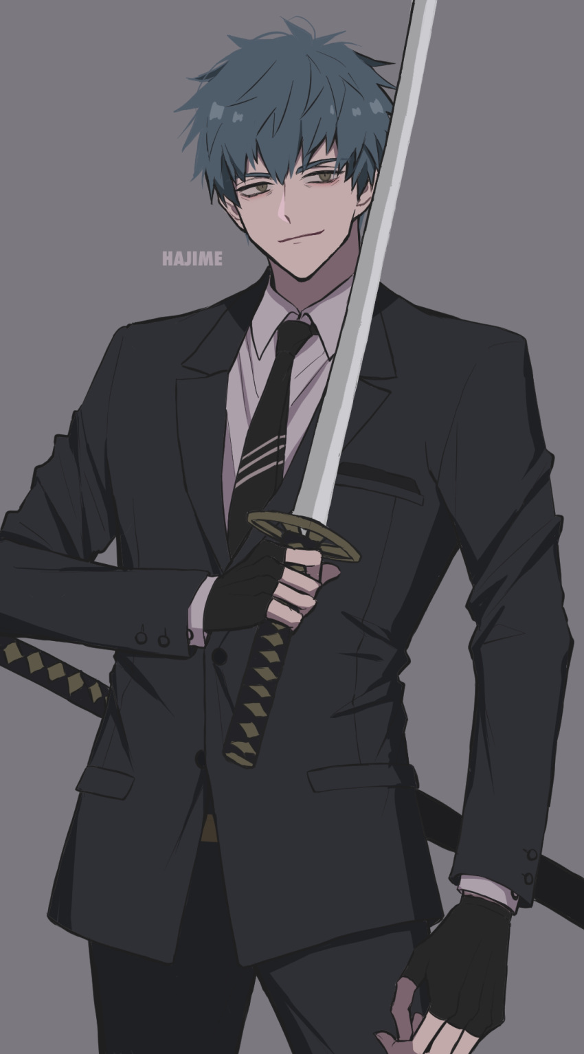 1boy black_gloves black_necktie black_panties black_suit blue_hair brown_eyes character_name cowboy_shot fate/grand_order fate_(series) fingerless_gloves formal gloves grey_background highres holding holding_sword holding_weapon iai_13 katana long_sleeves looking_at_viewer male_focus necktie panties saitou_hajime_(fate) sheath sheathed short_hair simple_background smile solo suit sword underwear weapon