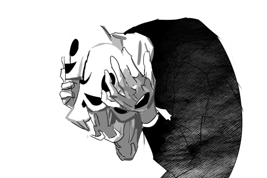 1boy black_coat coat extra_faces hole_in_hand hole_on_body hollow_eyes hollow_mouth leaning_forward long_sleeves open_mouth simple_background smile undertale upper_body w.d._gaster white_background yunsan_wu_xiao