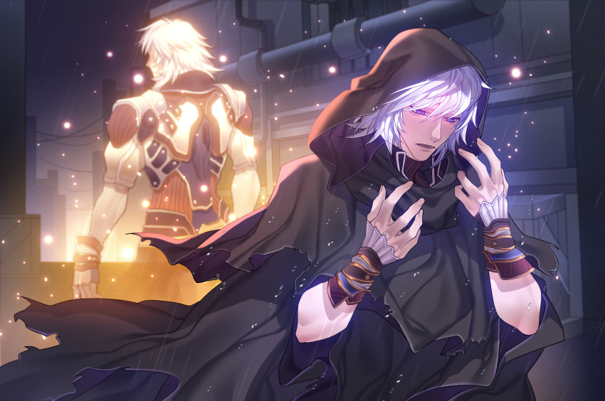 2boys absurdres arm_guards back blue_eyes brown_hood coat dual_persona forehead_jewel glowing greyscale highres jin_(xenoblade) male_focus medium_hair monochrome multiple_boys night night_sky open_mouth outdoors raininmoradain short_sleeves sky spiky_hair white_coat white_hair xenoblade_chronicles_(series) xenoblade_chronicles_2 xenoblade_chronicles_2:_torna_-_the_golden_country